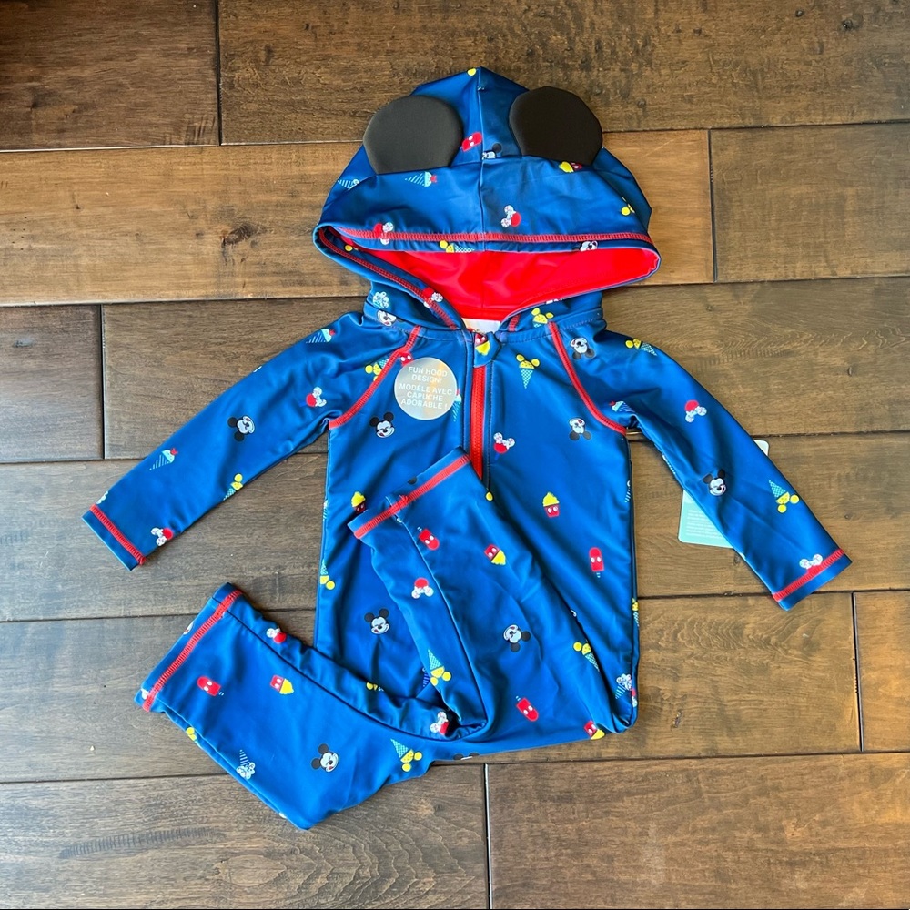NWT Disney Baby 12-18M Toddler Mickey Mouse Swim Rashguard Zip Hood Coverup Blue